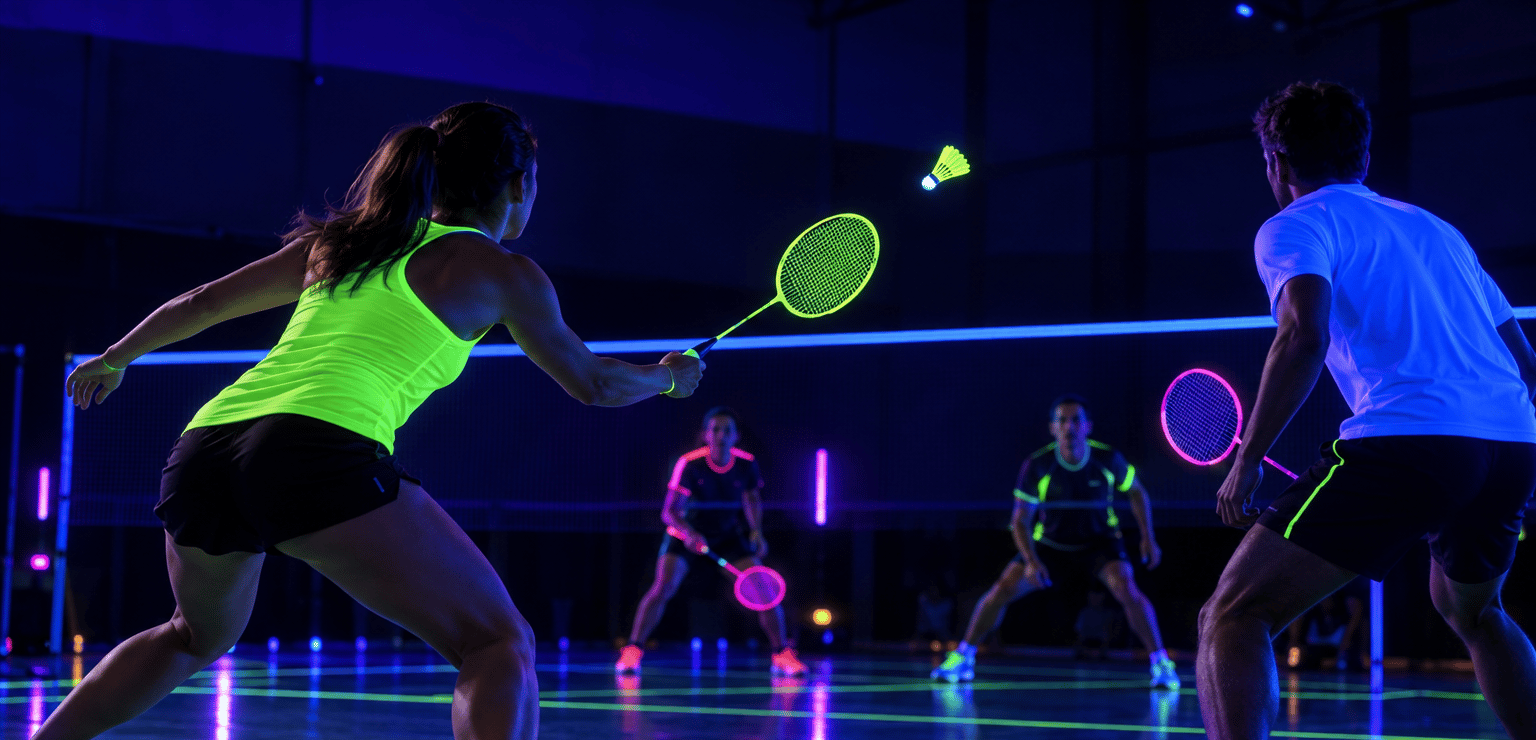 Double de badminton sous lumière noire, raquettes fluo et volant lumineux au-dessus du filet